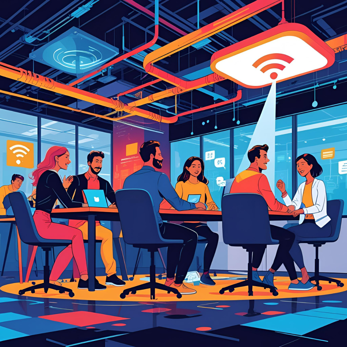 People gathered using devices over high speed Wi-Fi powered by fiber optic FTTH internet connection
