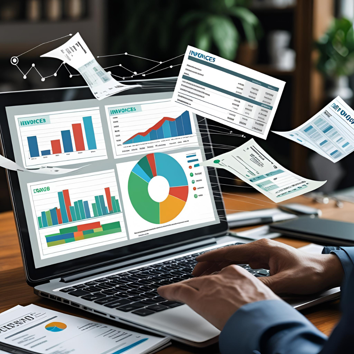 Cloud-based billing software dashboard with digital invoices and bills flying around, representing automation and efficiency