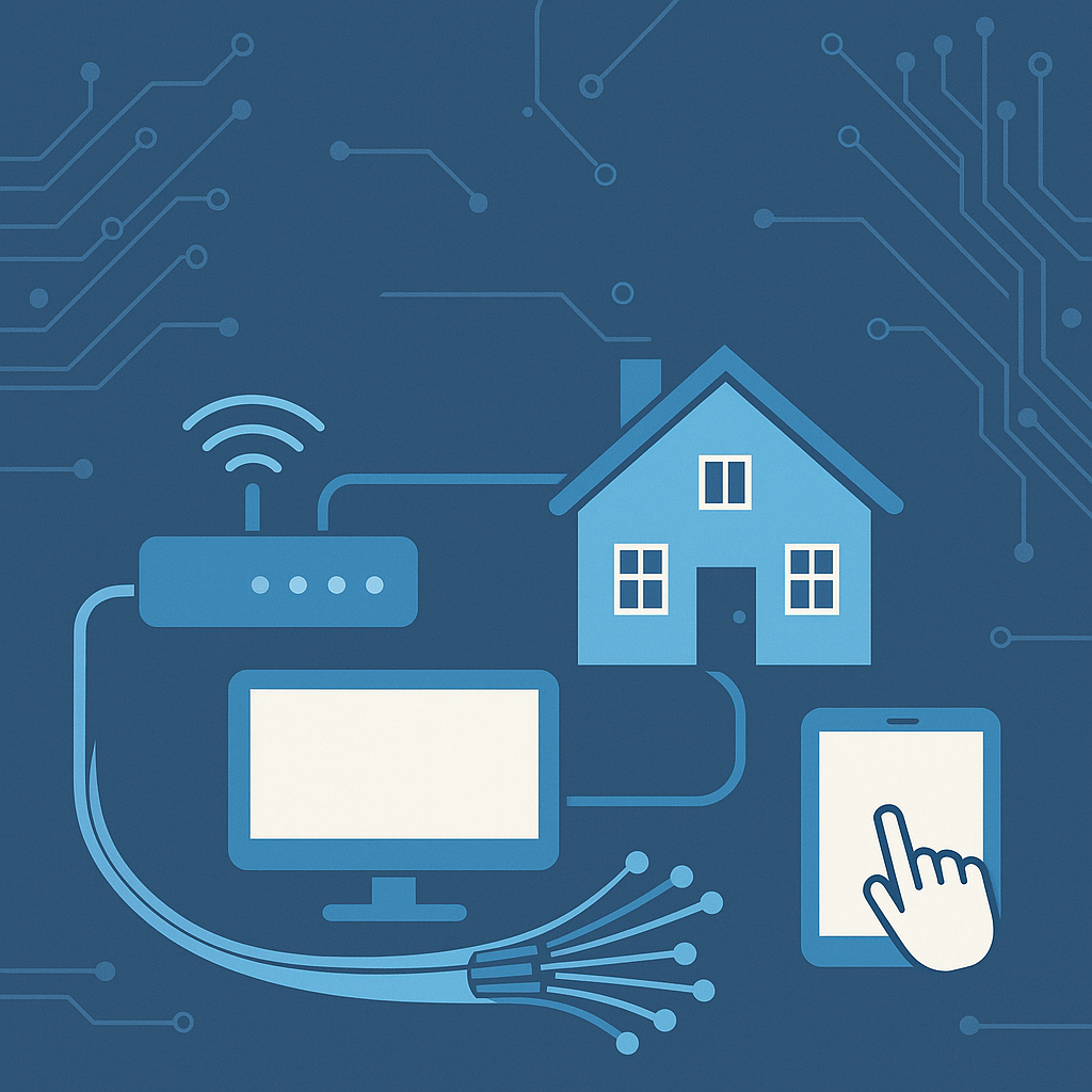 Illustration of Fiber-to-the-Home (FTTH) connectivity showing a house linked to devices via fiber optic cable and wireless router