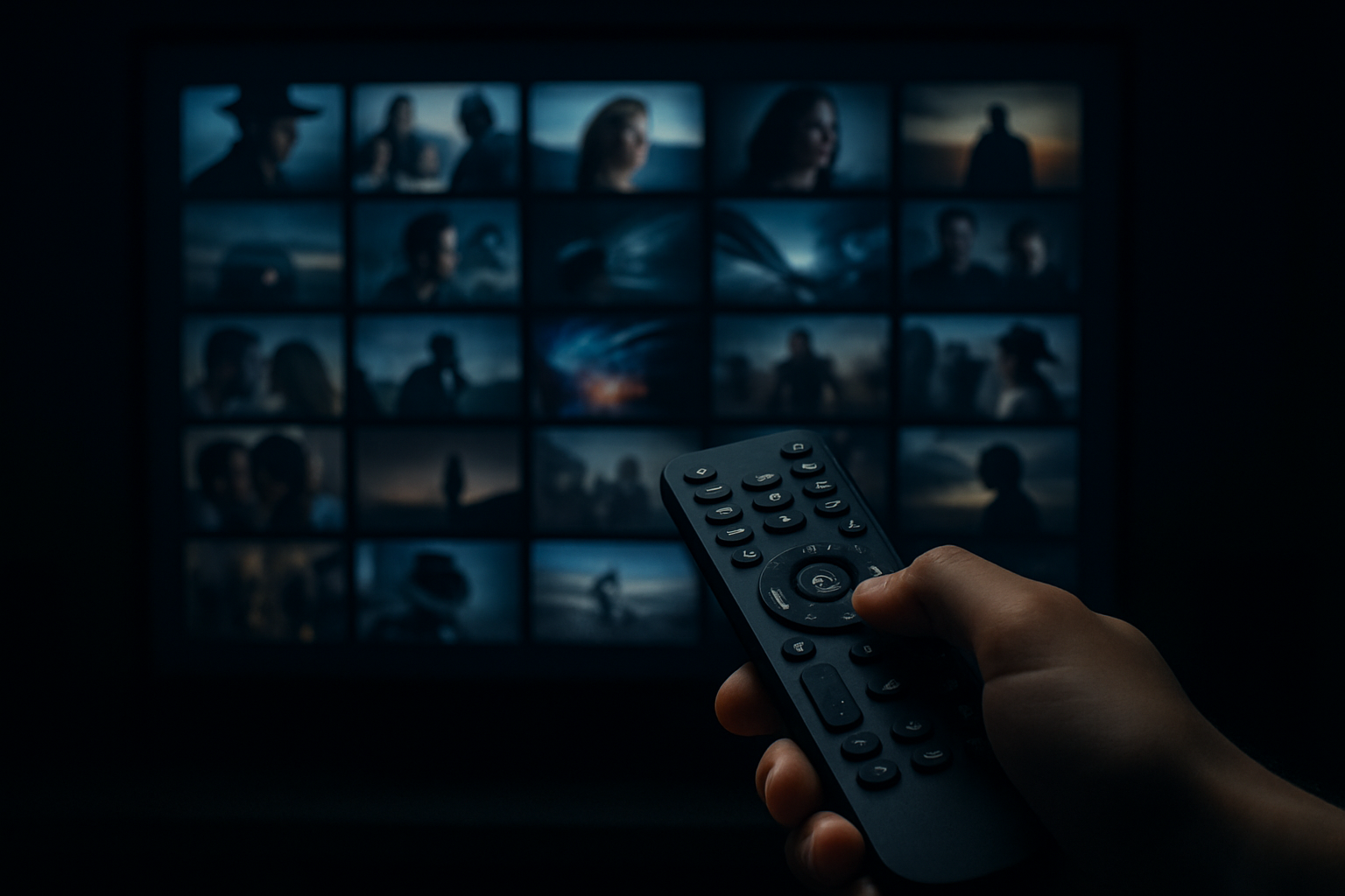 A cinematic close up of a hand holding a TV remote pointed at a blurred grid of movie thumbnails on a screen, representing modern streaming and digital entertainment.