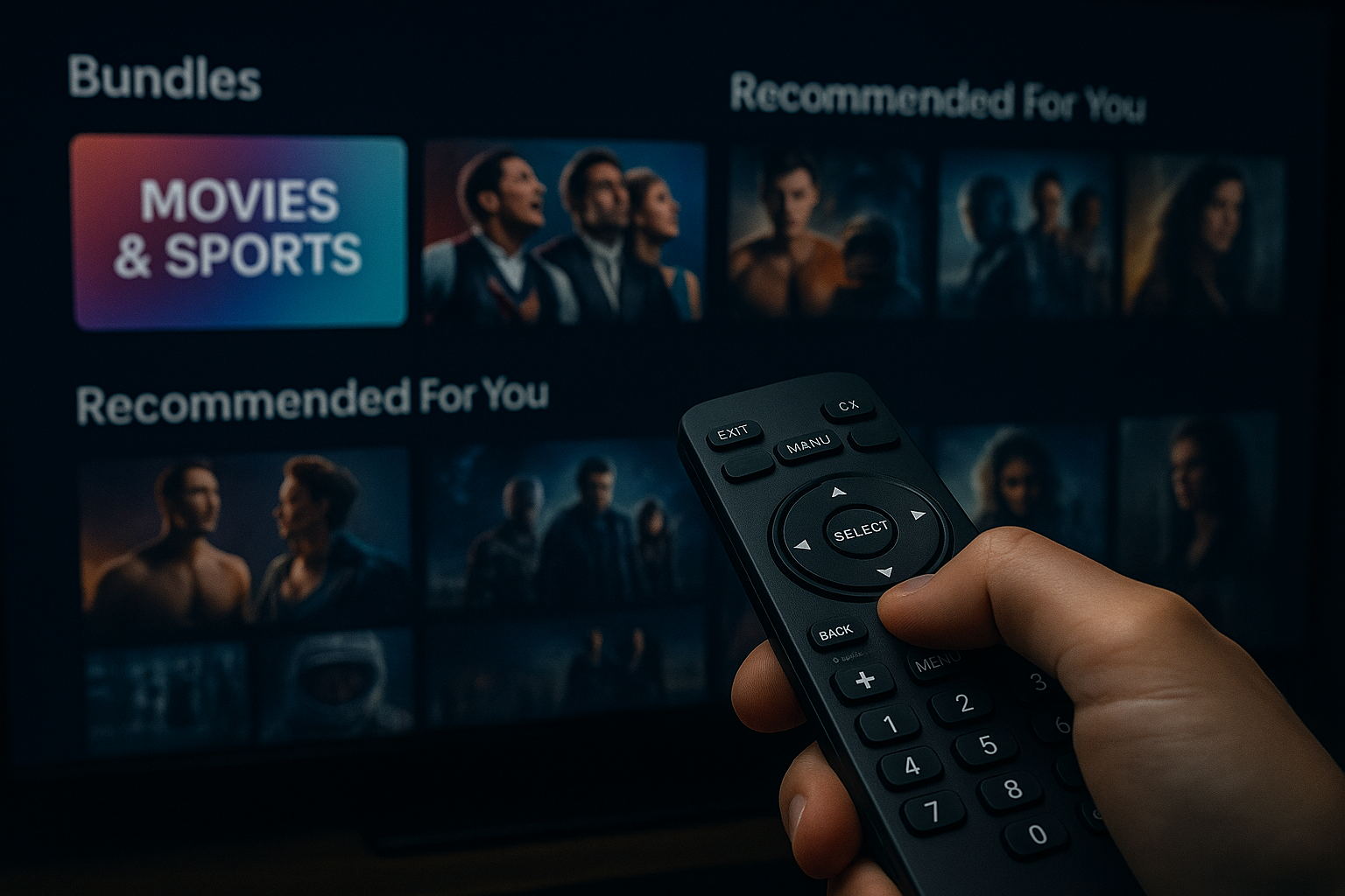 A cinematic close up of a hand holding a TV remote while browsing a streaming interface that displays content bundles and personalised recommendations.