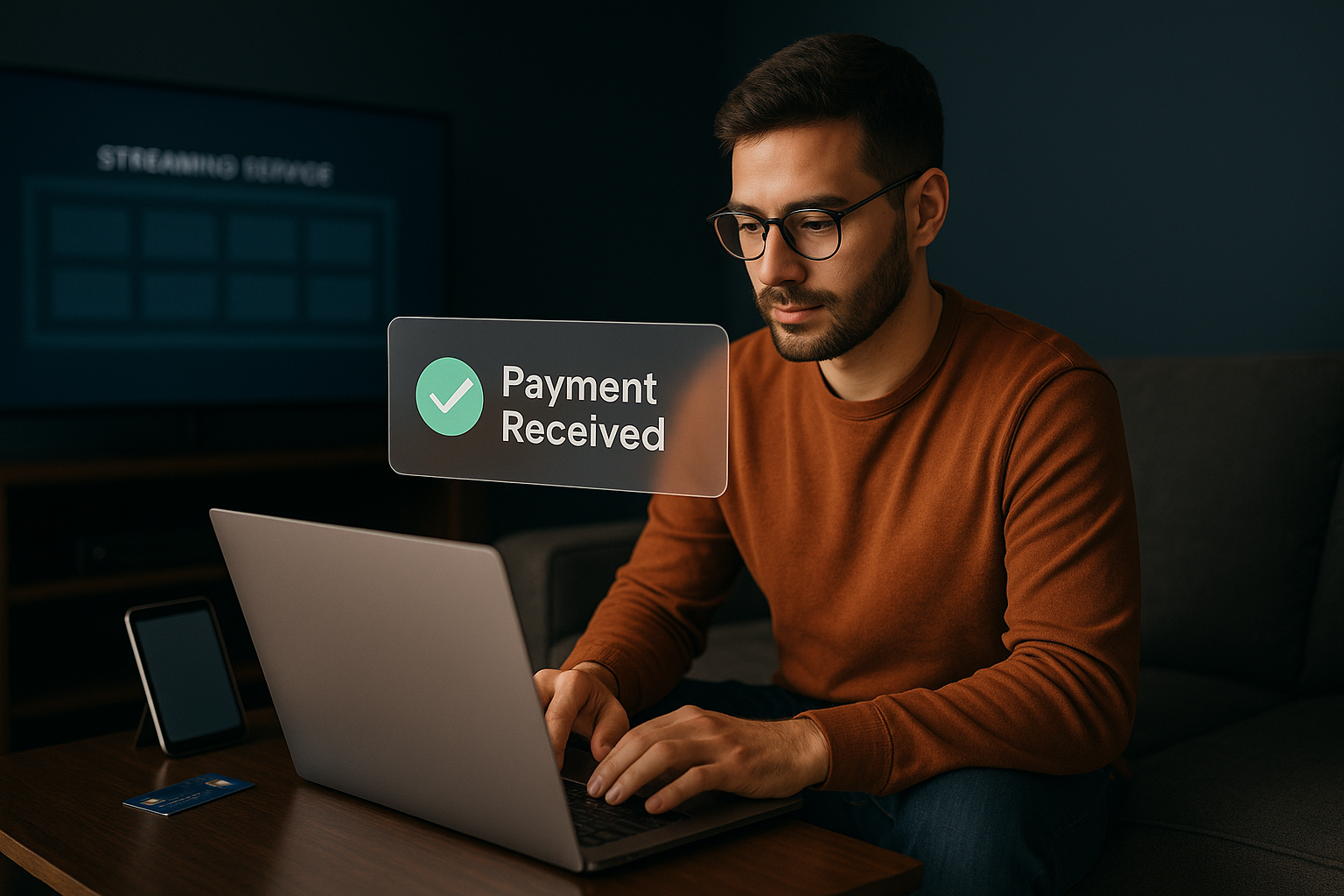 A realistic scene of a man using a laptop at home with a transparent on-screen notification showing “Payment Received,” symbolising seamless OTT payments and device readiness.