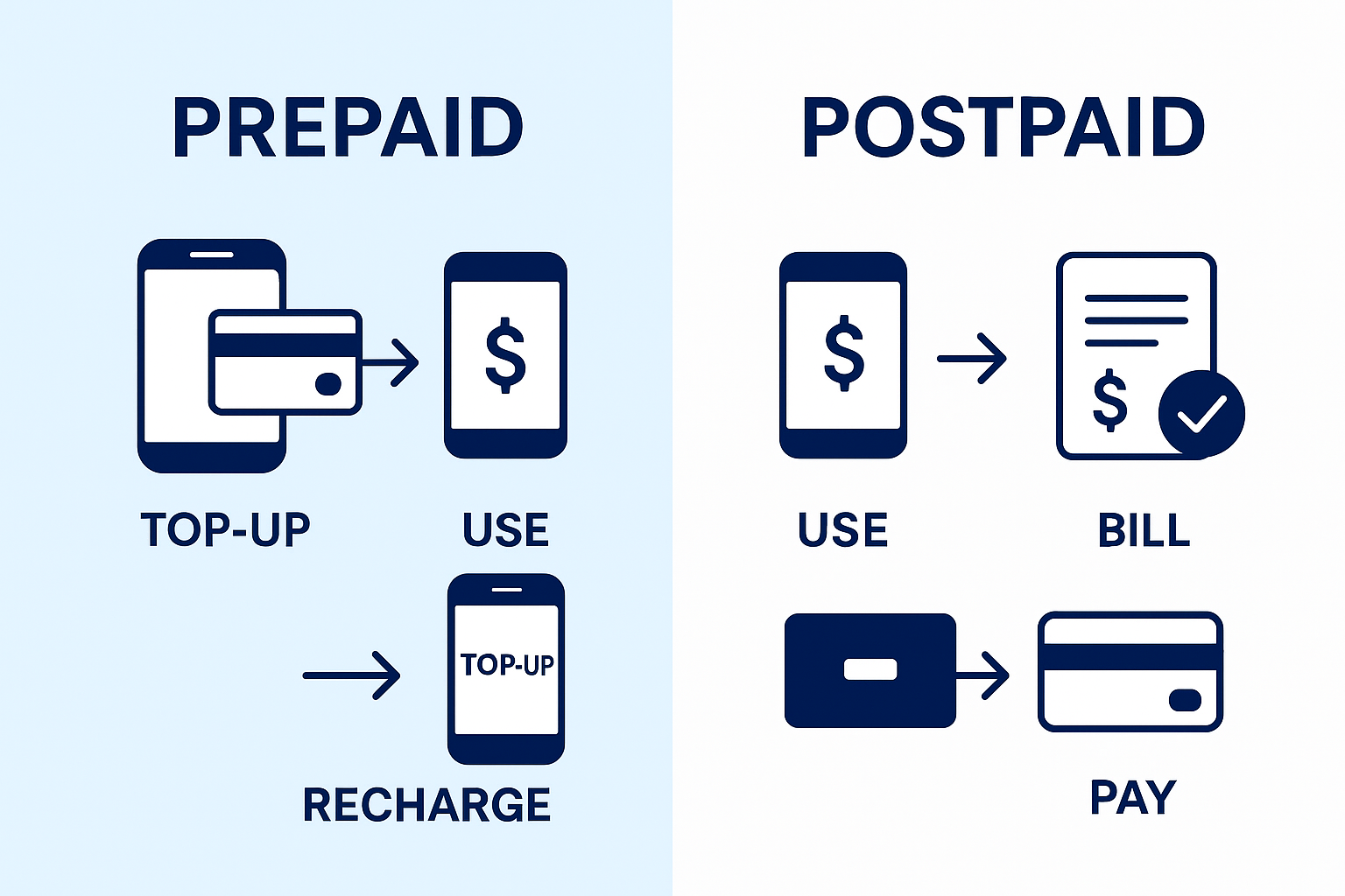 Split-screen illustration comparing prepaid and postpaid MVNO billing models. The prepaid side shows a sequence of top-up, usage, and recharge; the postpaid side shows usage, billing, and payment.