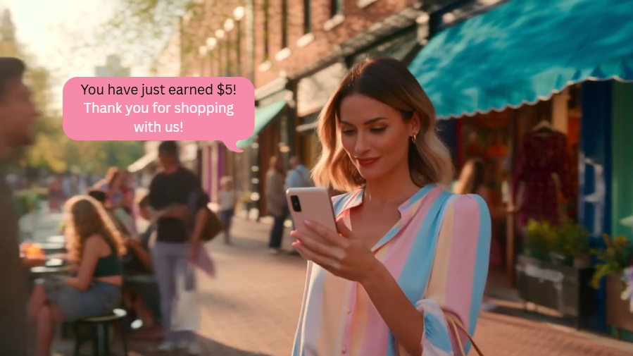 Woman receiving a personalized shopping reward notification on her smartphone.